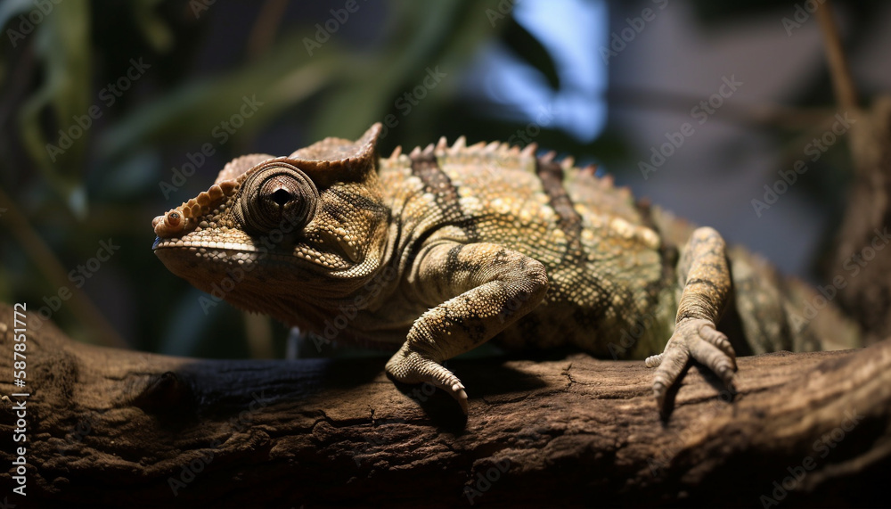 Fototapeta premium Yellow lizard on branch in tropical forest generated by AI