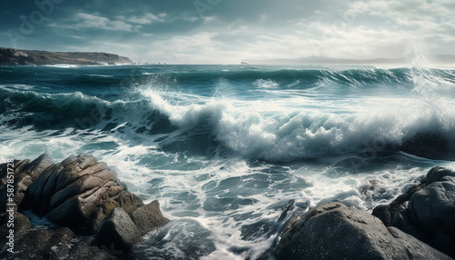 Breaking waves crash on rocky coastline, splashing spray generated by AI
