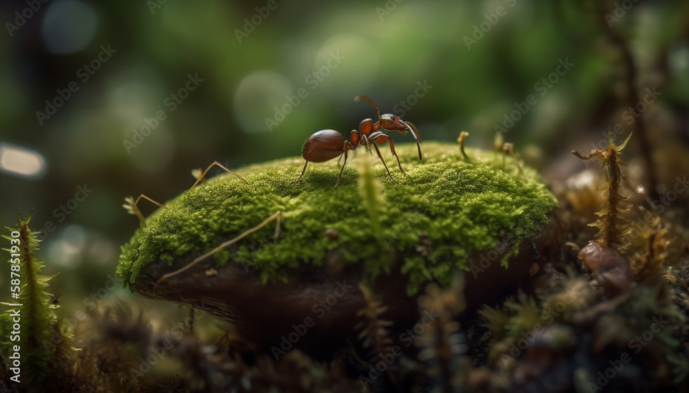 Close up of green ant carrying food through water generated by AI Close up of green ant carrying food through water generated by AI