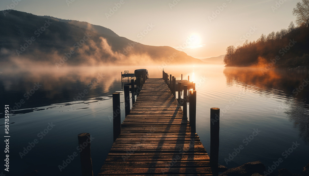 Fototapeta premium Tranquil tree on jetty at sunrise reflected generated by AI