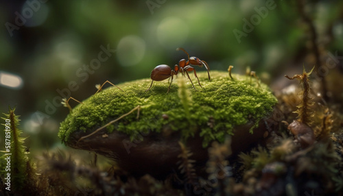 Close up of green ant carrying food through water generated by AI