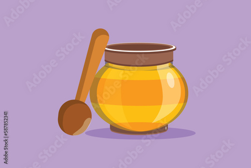 Character flat drawing fresh sweet natural gold honey on glass jar with wooden dipper. Healthy natural food store organic supplement icon for cafe or food delivery. Cartoon design vector illustration