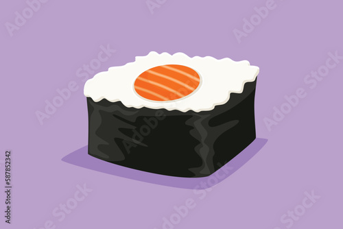 Graphic flat design drawing stylized Japanese maki sushi bar with chopstick logo label symbol. Emblem sea food restaurant concept for shop or food delivery service. Cartoon style vector illustration