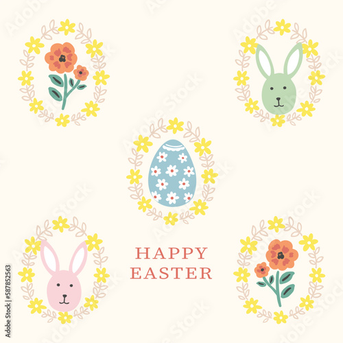 Happy Easter card. Cute easter egg, bunny and flowers elements.
Vector illustration for card, banner, invitation, social media post, poster, mobile apps, advertising. 