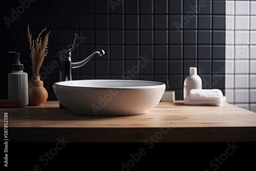 modern white bowl sink on top of a wooden countertop. Generative AI