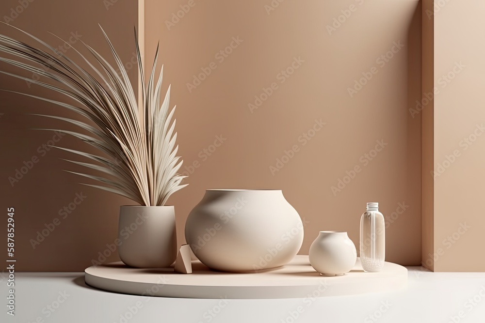 white vase and plant on a wooden table. Generative AI white vase and plant on a wooden table. Generative AI