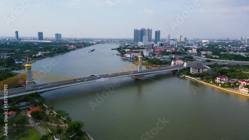 Bangkok Chao Phraya River Bridge (Drone View)