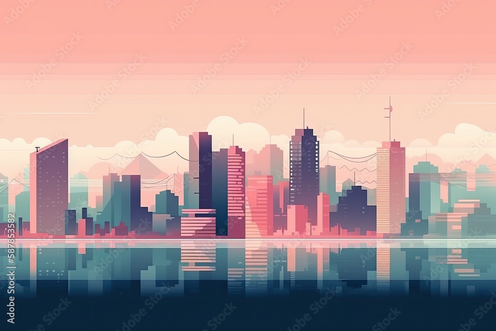 breathtaking cityscape at sunset with a pink sky reflecting on the water. Generative AI