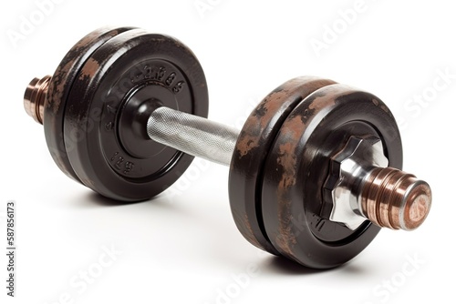 pair of silver dumbbells on a plain white background. Generative AI