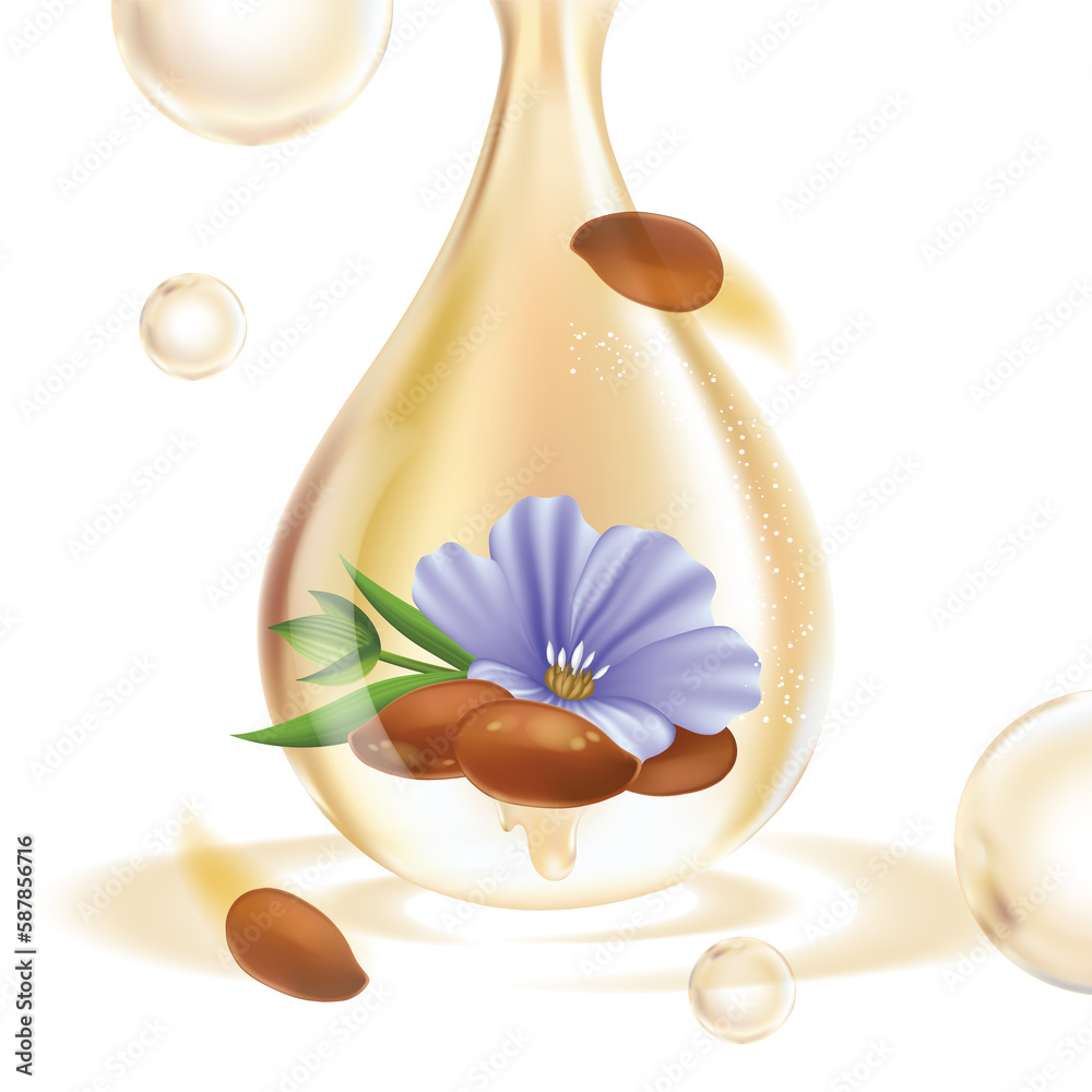linseed oil, flaxseed and flowers illustration