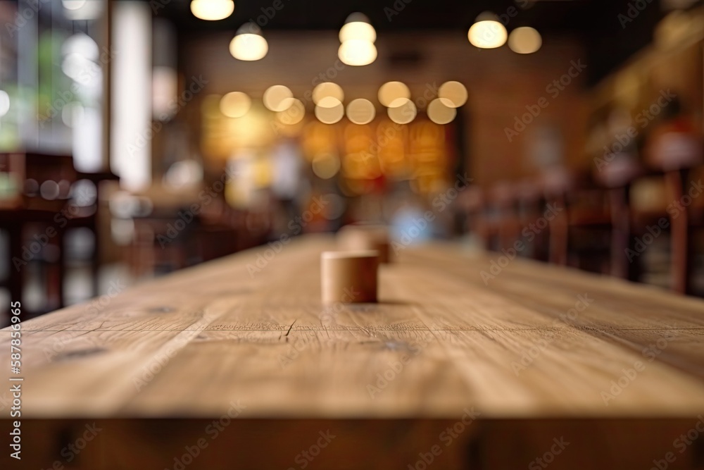 wooden table set up for dining in a cozy restaurant atmosphere. Generative AI