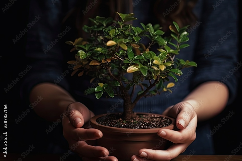 person with a green thumb holding a potted plant. Generative AI