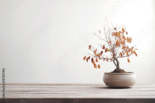 Home Decor. Small Tree Pot on Table with Plant and Copy Space Background