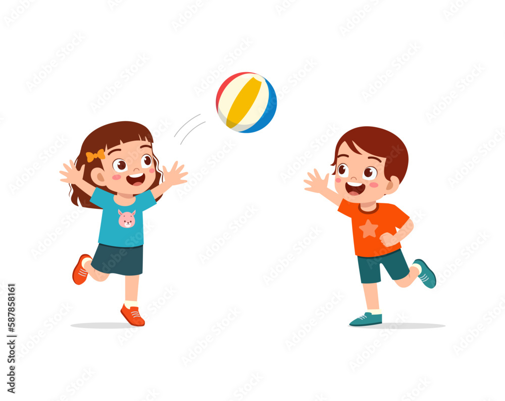 Fototapeta premium little kid playing volley ball with friend and feel happy