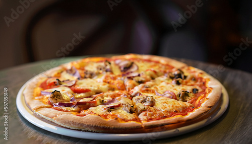 Pizza with a thin crust with cheese, bacon, pepper and herbs 14