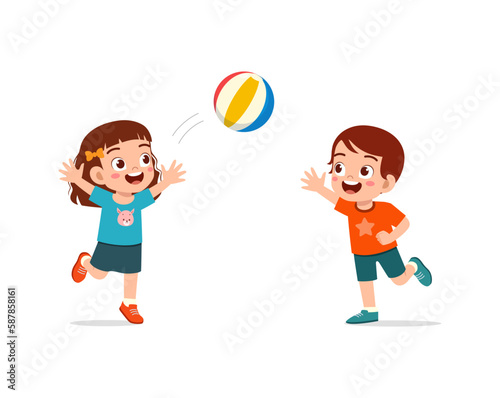 little kid playing volley ball with friend and feel happy
