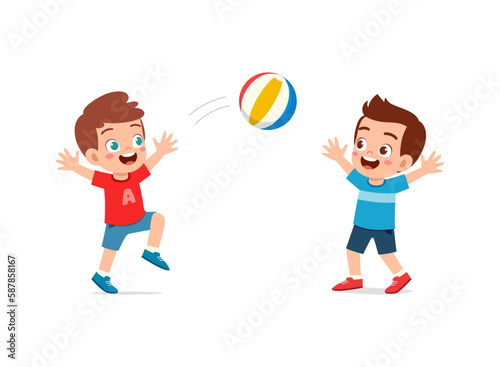 little kid playing volley ball with friend and feel happy