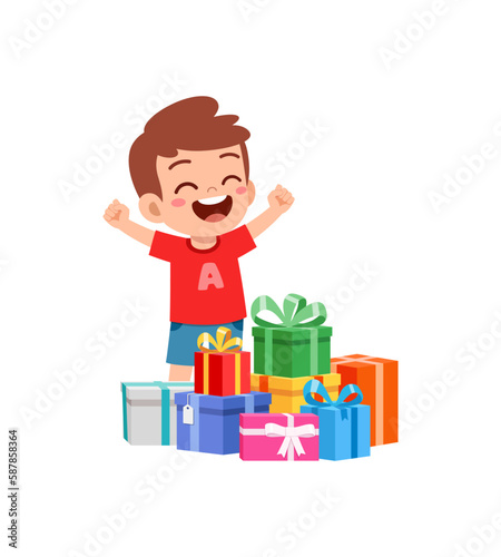little kid receive many gift box and feel happy