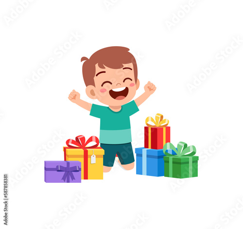 little kid receive many gift box and feel happy