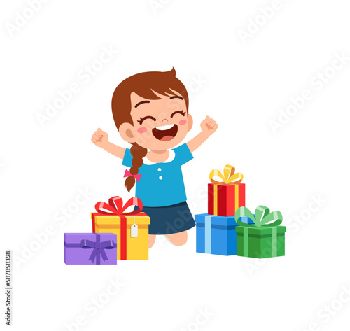 little kid receive many gift box and feel happy