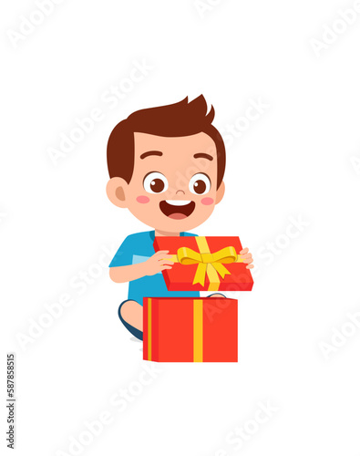 little kid opening gift box and feel happy