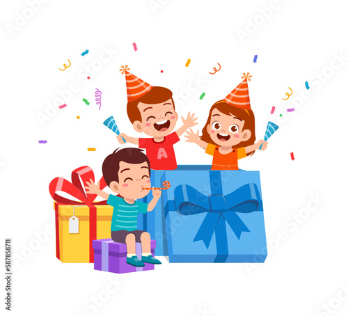 little kid celebrate birthday and playing inside big gift box