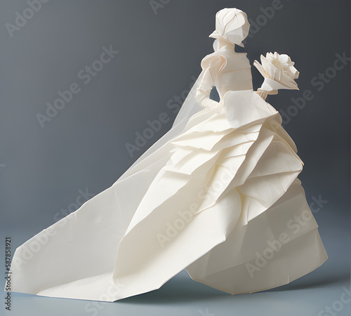 origami wedding dress on wedding day holding a bouquet 