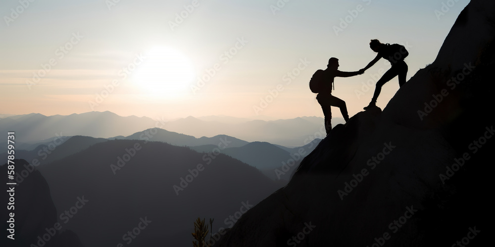 Silhouette couple climbing