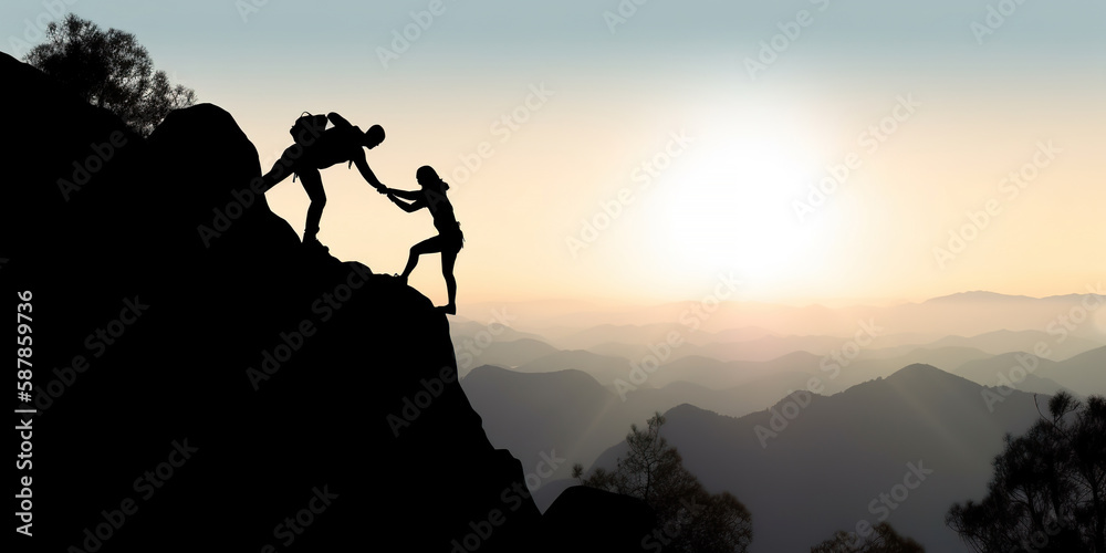 Silhouette couple climbing