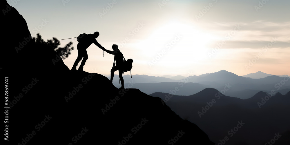 Silhouette couple climbing