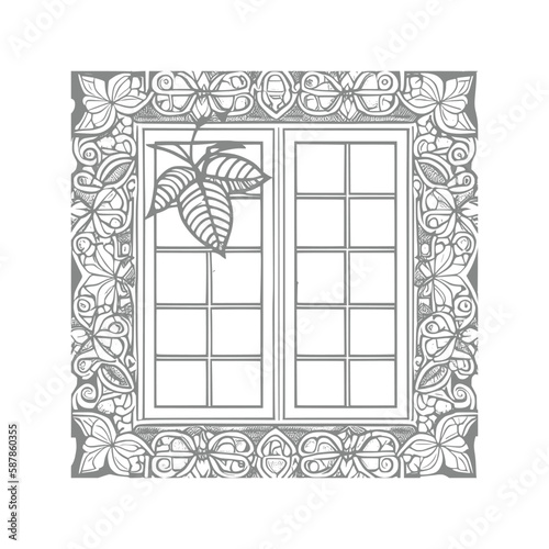 The pages of the vintage coloring book showcase a stunning open window with lovely flowers and leafs.