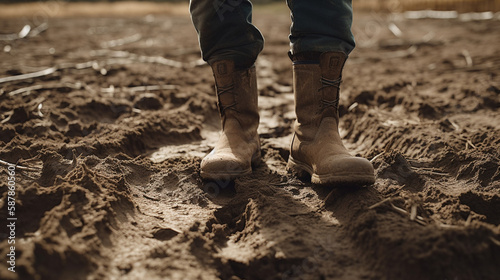 Close up of rubber boots in muddy field. Farmer inspects property after heavy rain and flooding. © Caseyjadew