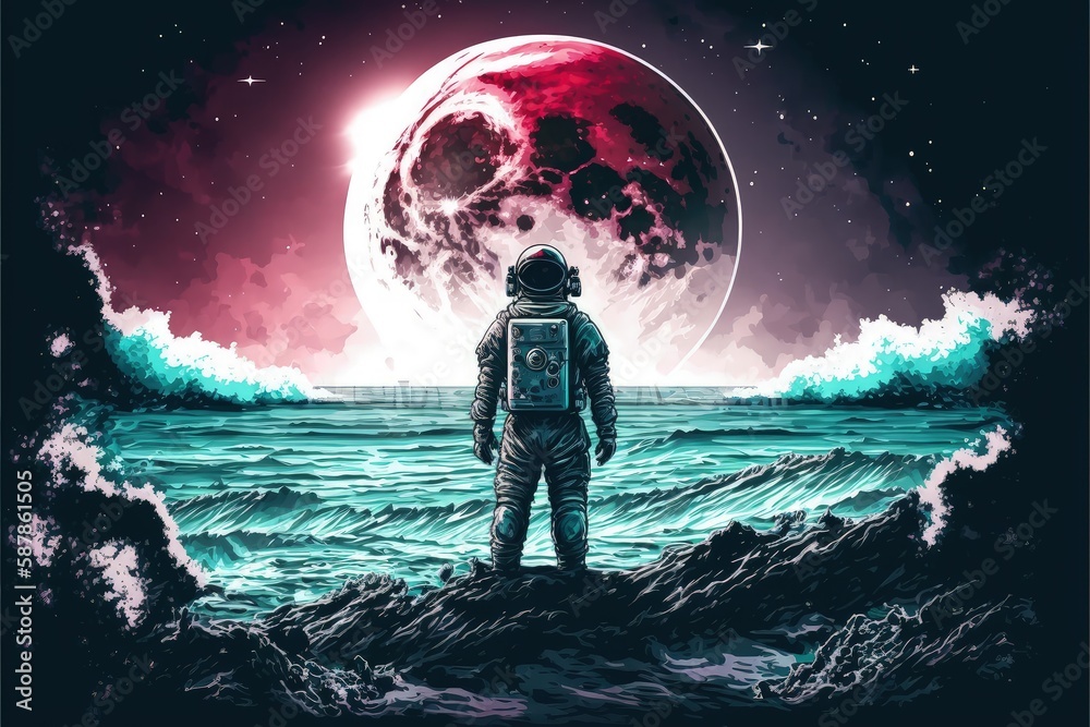 Obraz premium An astronaut standing by the ocean with a planet in the background. Fantasy concept , Illustration painting. Generative AI