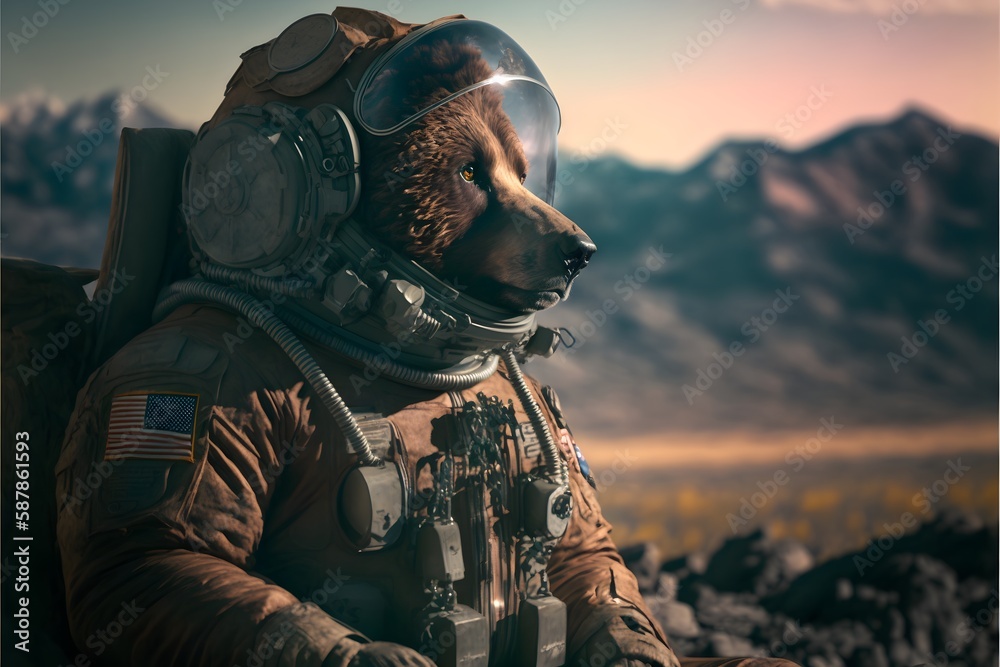 upscale masterpiece american grizzly bear wearing a flight suit he is a us air force drone pilot he sits at the console he has a square jaw the bear is a muscular and intense he takes steriods scary  - obrazy, fototapety, plakaty 