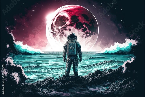 An astronaut standing by the ocean with a planet in the background. Fantasy concept , Illustration painting. Generative AI