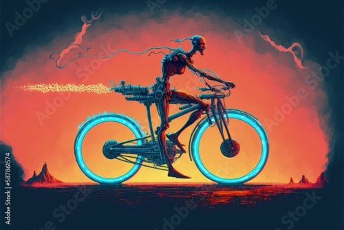 A high-tech cyborg cruising on a futuristic motorcycle. Fantasy concept , Illustration painting. Generative AI