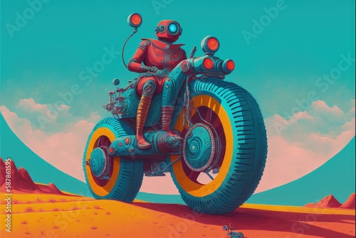 A high-tech cyborg cruising on a futuristic motorcycle. Fantasy concept , Illustration painting. Generative AI photo