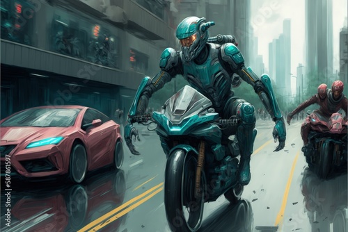 A high-tech cyborg cruising on a futuristic motorcycle. Fantasy concept , Illustration painting. Generative AI © X-Poser