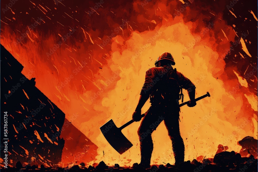 Obraz premium Courageous fireman holding an axe, bravely facing a terrifying explosion. Fantasy concept , Illustration painting. Generative AI
