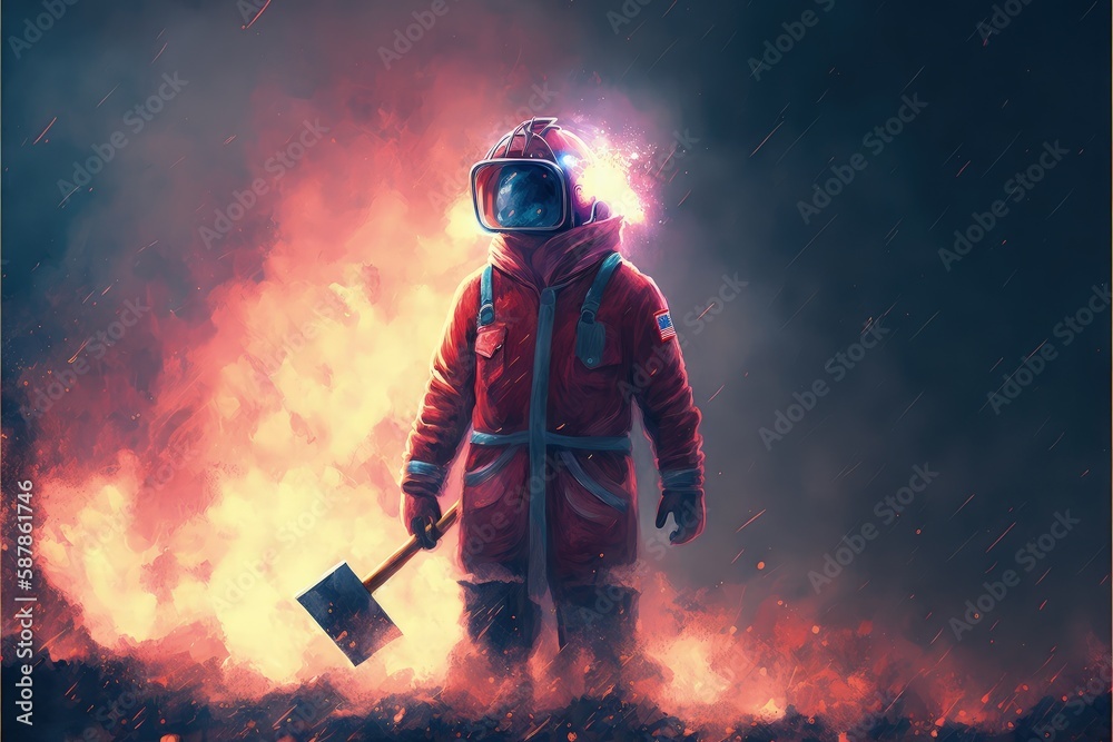 Obraz premium Courageous fireman holding an axe, bravely facing a terrifying explosion. Fantasy concept , Illustration painting. Generative AI