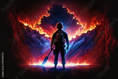 Courageous fireman holding an axe, bravely facing a terrifying explosion. Fantasy concept , Illustration painting. Generative AI