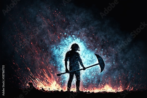 A brave firefighter wielding an axe, fearlessly confronting a terrifying blast. Fantasy concept , Illustration painting. Generative AI