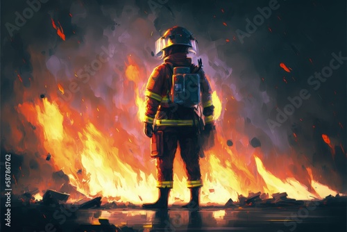 A brave firefighter wielding an axe  fearlessly confronting a terrifying blast. Fantasy concept   Illustration painting. Generative AI