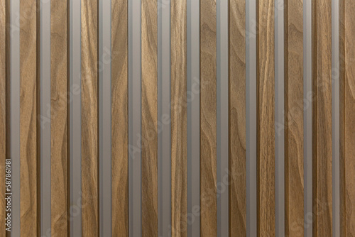 Slatted wooden wall panel. Modern ideas for decor and interior design, construction and renovation. Space for text. Front view.
