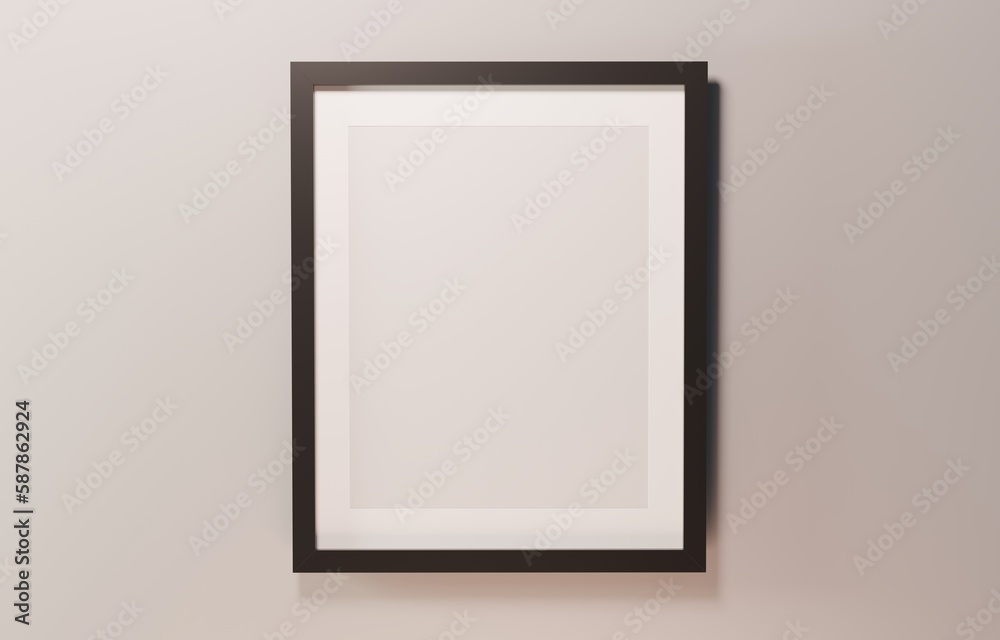 Vertical black frame mock up. Black frame poster on beige wall. 3D illustrations