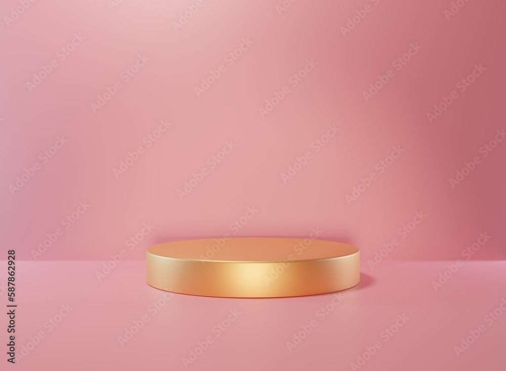 Gold empty podium or pedestal for product presentation. Round mockup platform on pink background. 3D render