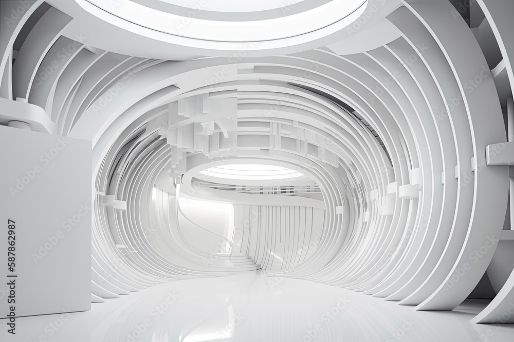 Minimalist White Room with Circular Ceiling and Walls. Generative AI