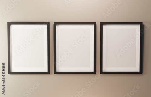 Vertical black three frames mock up. Black frames poster on beige wall. 3D illustrations