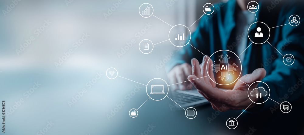 ฺBusinessman holding Global network connection. Big data analytics and ...