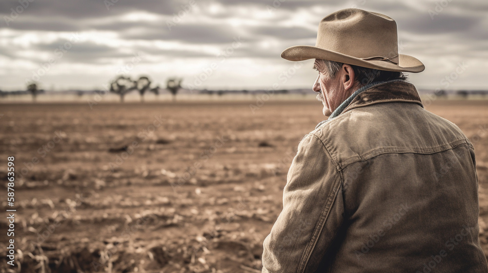 Depressed farmer looking out over dry field. Farmer suffering from depression dealing with stress and anxiety caused by financial, economic and environmental pressures of farming